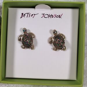 Betsey Johnson Turtle Earrings New In Box Stud Blue Pink Rhinestones Half Inch